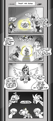 Size: 1451x3300 | Tagged: safe, artist:loreto-arts, apple bloom, moondancer, princess cadance, princess ember, princess flurry heart, scootaloo, spike, sweetie belle, dragon, pony, comic:friendship is innuendo, comic:friendship is innuendo vol. 2, g4, comic, cutie mark crusaders, flying, innuendo, magic, winged spike, wings