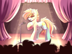 Size: 4444x3333 | Tagged: safe, artist:airiniblock, oc, oc only, oc:passion fruit, earth pony, pony, rcf community, audience, commission, female, mare, microphone, silhouette, singing, smiling, solo focus, stage