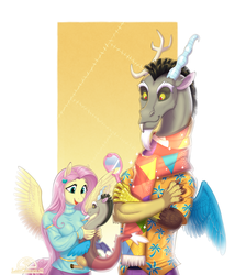 Size: 1371x1600 | Tagged: safe, artist:ladychimaera, discord, fluttershy, draconequus, pegasus, anthro, unguligrade anthro, g4, clothes, female, male, mare, mirror, plushie, ship:discoshy, shipping, smiling, straight, sweater