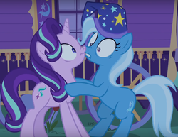 Size: 828x638 | Tagged: safe, screencap, starlight glimmer, trixie, pony, unicorn, g4, to where and back again, boop, cropped, duo, female, hat, mare, nightcap, nose to nose, nose wrinkle, noseboop, scrunchy face, trixie's nightcap, trixie's wagon, wavy mouth