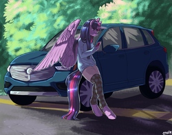 Size: 2800x2200 | Tagged: safe, artist:chasingthesilverstag, twilight sparkle, alicorn, anthro, unguligrade anthro, g4, car, cellphone, clothes, female, high res, large wings, mare, phone, smiling, solo, twilight sparkle (alicorn), wings