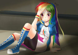 Size: 2912x2059 | Tagged: safe, artist:love2eategg, rainbow dash, equestria girls, g4, anime, clothes, female, high res, human coloration, looking at you, skirt, solo