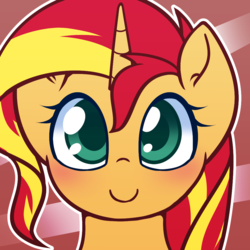 Size: 1000x1000 | Tagged: safe, artist:puetsua, sunset shimmer, pony, unicorn, avatar, beautiful, blushing, bust, cute, female, looking at you, looking up, mare, portrait, shimmerbetes, smiling, solo