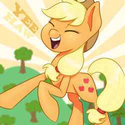 Size: 1350x1350 | Tagged: safe, artist:imaplatypus, applejack, earth pony, pony, g4, applejack's hat, cowboy hat, eyes closed, female, freckles, hat, mare, open mouth, solo, tree, yeehaw