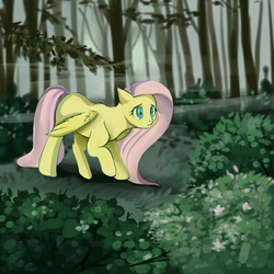 Size: 2000x2000 | Tagged: safe, artist:annaniderlanna, fluttershy, pegasus, pony, g4, atmosphere, female, forest, high res, mare, solo