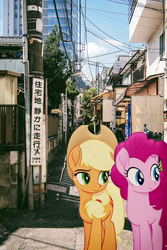 Size: 827x1240 | Tagged: safe, editor:lisaloudleijon, applejack, pinkie pie, g4, my little pony: the movie, cute, date, female, japan, japanese, lesbian, real life background, ship:applepie, shipping