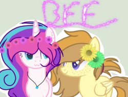 Size: 1007x768 | Tagged: safe, artist:mlpcotton-candy-pone, oc, oc:ivory buttercup, oc:magical melody, pegasus, pony, unicorn, :3, female, floral head wreath, flower, flower in hair, mare, oc belongs to: dizzy-tm