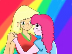 Size: 534x400 | Tagged: safe, artist:bahamut, applejack, pinkie pie, human, g4, anime, anime style, eye contact, female, humanized, lesbian, looking at each other, rainbow, redraw, ship:applepie, shipping, waltz