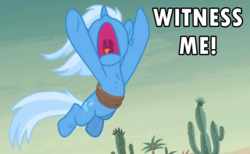 Size: 692x427 | Tagged: safe, edit, edited screencap, screencap, trixie, pony, unicorn, g4, road to friendship, cactus, female, mad max, mad max fury road, mare, rope, screaming, solo, text, witness me