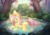 Size: 3508x2481 | Tagged: safe, artist:cutepencilcase, fluttershy, pegasus, pony, g4, bathing, bush, chest fluff, crepuscular rays, cute, digital art, female, forest, high res, mare, outdoors, pond, prone, shyabetes, smiling, solo, spread wings, tree, wings