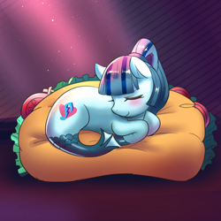Size: 600x600 | Tagged: safe, artist:tzc, sonata dusk, hybrid, merpony, siren, g4, blushing, cute, eyes closed, female, food, lying down, pillow, prone, seaponified, sleeping, solo, sonatabetes, sonataco, species swap, taco, that girl sure loves tacos, that pony sure does love tacos, that siren sure does love tacos