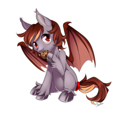 Size: 900x900 | Tagged: safe, artist:moenkin, oc, oc only, oc:pepper zest, bat pony, pony, bat pony oc, commission, cookie, eating, fangs, female, filly, food, gift art, offspring, parent:oc:savory zest, parent:oc:scarlet quill, parents:oc x oc, parents:scarlory, simple background, solo, transparent background