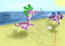 Size: 2560x1810 | Tagged: safe, artist:jbond, spike, twilight sparkle, dragon, earth pony, pony, g4, barb, beach, dragoness, dusk shine, female, jumping, male, open mouth, playing, pun, race swap, rule 63, sports, stallion, visual pun, volleyball
