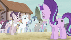 Size: 1280x720 | Tagged: safe, screencap, amber tresses, bacon braids, cloud brûlée, double diamond, dusk drift, flower flight, ivy vine, magnolia blush, moon dust, night glider, party favor, rosemary, starlight glimmer, sugar belle, sunny song, earth pony, pegasus, pony, unicorn, g4, the cutie map, animated, background pony, close-up, desert, equal cutie mark, equalized, house, male, our town, rock, s5 starlight, sky, sound, stallion, villainous breakdown, webm