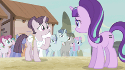 Size: 960x540 | Tagged: safe, screencap, double diamond, dusk drift, moon dust, party favor, rosemary, starlight glimmer, sugar belle, earth pony, pegasus, pony, unicorn, g4, animated, background pony, close-up, desert, gif, house, male, our town, rock, sky, slow motion, stallion, sweat, sweating profusely