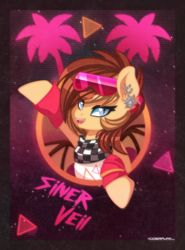 Size: 1200x1622 | Tagged: safe, artist:ciderpunk, oc, oc only, oc:silver veil, bat pony, pony, 80s, bandana, bat pony oc, clothes, ear piercing, earring, female, glasses, jewelry, looking at you, open mouth, piercing, retro, retrowave, synthwave, wristband