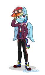 Size: 711x1159 | Tagged: safe, artist:tylerdashart, rainbow dash, pegasus, anthro, g4, clothes, female, goggles, jacket, mare, pants, simple background, smiling