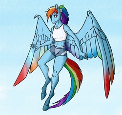 Size: 1600x1510 | Tagged: safe, artist:akweer, rainbow dash, pegasus, anthro, unguligrade anthro, g4, alternate hairstyle, clothes, female, flying, mare, ponytail, shorts, smiling, solo, tank top