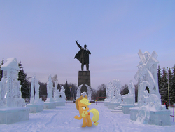 Size: 2048x1536 | Tagged: safe, artist:albertuha, applejack, earth pony, pony, g4, female, frown, ice, ice sculpture, irl, lenin, mare, photo, ponies in real life, raised hoof, russia, snow, solo, winter