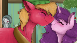 Size: 3265x1837 | Tagged: safe, artist:feathershine1, big macintosh, marble pie, sugar belle, earth pony, pony, unicorn, g4, my little pony best gift ever, blushing, boop, clothes, crying, eyes closed, female, floppy ears, freckles, hat, heart, heartbreak, heartbroken marble, male, mare, noseboop, nuzzling, open mouth, scene interpretation, ship:sugarmac, shipping, shipping denied, side chick, smiling, stallion, straight, tearjerker
