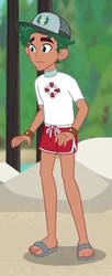 Size: 208x512 | Tagged: safe, screencap, timber spruce, equestria girls, equestria girls series, g4, turf war, cap, clothes, cropped, feet, hat, legs, lifeguard, lifeguard timber, male, sandals, shorts, solo