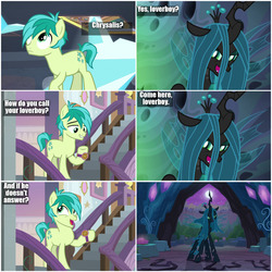 Size: 1000x1000 | Tagged: safe, edit, edited screencap, screencap, queen chrysalis, sandbar, changeling, changeling queen, earth pony, pony, g4, the mean 6, to where and back again, what lies beneath, angry, boyfriend, cave, comic, dark, darkness, dirty dancing, female, girlfriend, glare, grin, horn, lidded eyes, love, love is strange, loverboy, male, man, moon, night, open mouth, school, schoolboy, screencap comic, smiling, smirk, stairs, teenager, unamused, underhoof, walking, wat, watch, wristwatch