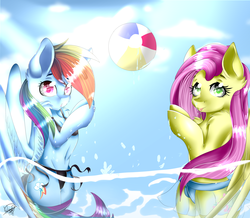 Size: 3000x2613 | Tagged: safe, artist:flyny, fluttershy, rainbow dash, pegasus, pony, g4, beach ball, belly, belly button, bikini, bipedal, chest fluff, clothes, duo, female, high res, human shoulders, mare, sarong, see-through, see-through skirt, shoulder fluff, skirt, swimsuit, tongue out, water