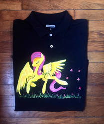 Size: 1024x1223 | Tagged: safe, artist:colorsceempainting, fluttershy, butterfly, pegasus, pony, g4, clothes, female, grass, polo shirt, shirt, smiling, t-shirt