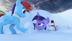 Size: 3840x2160 | Tagged: safe, artist:marcelexe, fluttershy, rainbow dash, twilight sparkle, pony, g4, 3d, clothes, earmuffs, high res, scarf, snow, snowman, twilight sparkle is not amused, unamused