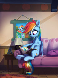 Size: 1600x2134 | Tagged: safe, artist:nadnerbd, rainbow dash, pegasus, pony, fanfic:lost time, g4, book, colt, couch, fanfic, fanfic art, female, filly, implied appledash, implied applejack, implied big macintosh, implied lesbian, implied shipping, lamp, magical lesbian spawn, male, mare, offspring, parent:applejack, parent:rainbow dash, parents:appledash, photo album, pillow, rug, sitting, solo, table, underhoof
