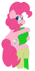 Size: 1000x2000 | Tagged: safe, artist:enshems, pinkie pie, oc, oc:anon, pony, g4, holding a pony, hug, looking at you, personal space invasion