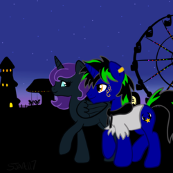 Size: 2100x2100 | Tagged: safe, artist:sjart117, derpibooru exclusive, oc, oc only, oc:dust rock, oc:nyx, alicorn, pony, unicorn, alicorn oc, clothes, commission, ear piercing, earring, female, ferris wheel, helter skelter, high res, hoodie, horn, jewelry, male, male oc, mare, night, oc x oc, older, piercing, pony oc, shipping, sky, stallion, stallion oc, stars, straight, unicorn oc, walking