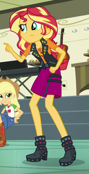 Size: 474x922 | Tagged: safe, screencap, applejack, sunset shimmer, equestria girls, g4, my little pony equestria girls: better together, overpowered (equestria girls), applejack's hat, boots, clothes, cowboy boots, cowboy hat, cropped, female, geode of empathy, geode of super strength, hat, high heel boots, jacket, legs, magical geodes, pointing, shoes, skirt