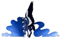 Size: 2747x1743 | Tagged: safe, artist:luuny-luna, princess luna, alicorn, pony, g4, alternate design, colored wings, female, jewelry, looking at you, mare, multicolored wings, regalia, simple background, solo, transparent background, unshorn fetlocks