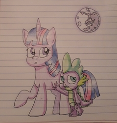 Size: 1971x2059 | Tagged: safe, artist:artistathefilly, spike, twilight sparkle, dragon, pony, g4, lined paper, mare in the moon, moon, traditional art