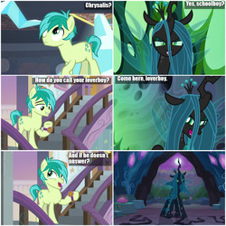 Size: 1000x1000 | Tagged: safe, edit, edited screencap, screencap, queen chrysalis, sandbar, changeling, changeling queen, pony, g4, the mean 6, to where and back again, what lies beneath, boyfriend, cave, comic, dirty dancing, female, girlfriend, love, love is strange, loverboy, male, man, school, schoolboy, screencap comic, stairs, woman