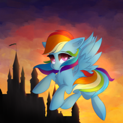 Size: 3472x3472 | Tagged: safe, artist:autumnvoyage, rainbow dash, pegasus, pony, g4, castle, chest fluff, female, floppy ears, high res, looking at you, mare, smiling, solo