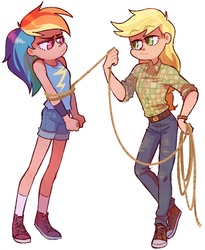 Size: 1049x1278 | Tagged: safe, artist:bordogushter, applejack, rainbow dash, human, g4, caught, clothes, converse, female, freckles, hand on hip, humanized, lasso, pants, rainbond dash, rope, shoes, shorts, simple background, socks, tied up, white background