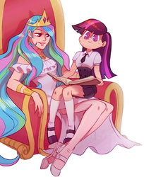 Size: 1407x1728 | Tagged: safe, artist:bordogushter, princess celestia, twilight sparkle, human, g4, book, chair, clothes, cute, cutelestia, ear piercing, earring, female, high heels, humanized, jewelry, kneesocks, mary janes, momlestia, piercing, pleated skirt, regalia, shoes, simple background, sitting, sitting on lap, skirt, smiling, socks, stockings, sweat, thigh highs, twiabetes, white background