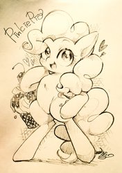 Size: 1442x2048 | Tagged: safe, artist:sibashen, pinkie pie, earth pony, pony, semi-anthro, g4, arm hooves, female, food, heart, ice cream, mare, sketch, smiling, solo, traditional art