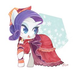 Size: 961x900 | Tagged: safe, artist:sibashen, merry, rarity, pony, unicorn, g4, bedroom eyes, clothes, dress, female, hat, mare, simple background, smiling, snow, snowflake, solo