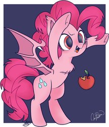 Size: 882x1024 | Tagged: safe, artist:oc_ponys, artist:sibashen, color edit, edit, pinkie pie, bat pony, pony, g4, apple, bat ponified, chest fluff, colored, colored sketch, cute, diapinkes, fangs, female, food, freckles, mare, pinkiebat, race swap, rearing, solo, underhoof