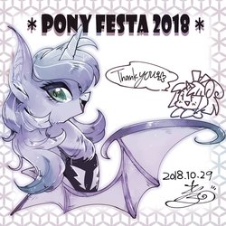 Size: 1377x1377 | Tagged: safe, artist:sibashen, princess luna, alicorn, bat pony, bat pony alicorn, pony, g4, bat ponified, female, looking at you, mare, pony festa, race swap, smiling, text