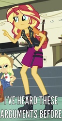 Size: 679x1325 | Tagged: safe, edit, edited screencap, screencap, applejack, sunset shimmer, equestria girls, equestria girls series, g4, overpowered (equestria girls), applejack's hat, boots, caption, clothes, cowboy boots, cowboy hat, cropped, female, geode of empathy, geode of super strength, hat, high heel boots, image macro, jacket, legs, magical geodes, meme, pointing, shoes, skirt, text