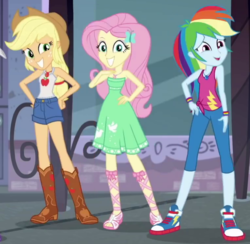 Size: 762x745 | Tagged: safe, screencap, applejack, fluttershy, rainbow dash, equestria girls, g4, my little pony equestria girls: better together, street chic, bare shoulders, clothes, converse, cropped, dress, female, geode of fauna, geode of super speed, geode of super strength, magical geodes, sexy, shoes, sleeveless, strapless, trio