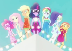 Size: 520x372 | Tagged: safe, screencap, applejack, fluttershy, pinkie pie, rainbow dash, rarity, sci-twi, sunset shimmer, twilight sparkle, equestria girls, g4, i'm on a yacht, my little pony equestria girls: better together, clothes, cropped, female, humane five, humane seven, humane six, midriff, skirt