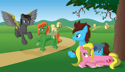 Size: 4650x2700 | Tagged: safe, artist:miipack603, oc, oc:aurora honeyblossom, oc:dusky braveheart, oc:ivy flashbreeze, oc:jasper darkblaze, pegasus, pony, unicorn, amputee, artificial wings, augmented, blurry background, building, cel shading, complex background, cutie mark, day, female, flying, fur, hill, hooves, horn, houses, landing, lying down, male, mare, mechanical wing, new style, original style, prosthetic limb, prosthetic wing, prosthetics, resting, road, rolling hills, shading, shadow, simple shading, sky, stallion, standing, tree, updated design, wing brace