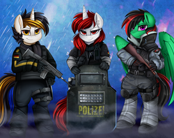 Size: 3215x2540 | Tagged: safe, artist:pridark, oc, oc only, oc:lightning weather, pegasus, unicorn, semi-anthro, bipedal, clothes, commission, crossover, gun, high res, looking at you, rainbow six, shield, tom clancy, video game crossover, weapon