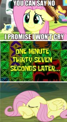 Size: 891x1621 | Tagged: safe, edit, edited screencap, screencap, fluttershy, pony, fluttershy leans in, g4, the mean 6, comic, covering eyes, crying, driven to tears, female, floppy ears, screencap comic, solo, spongebob squarepants, spongebob time card, you can't win