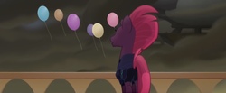 Size: 1331x551 | Tagged: safe, screencap, tempest shadow, pony, unicorn, g4, my little pony: the movie, armor, balcony, balloon, broken horn, canterlot castle, cloud, cloudy, conquest, dissatisfied, faceless female, female, horn, implied tail hole, looking up, mare, mohawk, offscreen character, rear view, solo